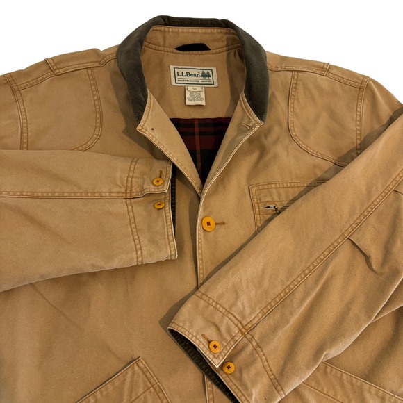 LL Bean Field Barn Coat Jacket Mens 2XL Tan Cotton Canvas Red Plaid Lining - Picture 7 of 12